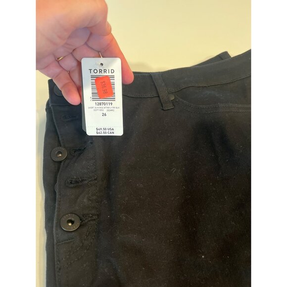 Torrid Womens Black Distressed Asymmetrical Denim Shorts Size 26 With Raw Hem & - Picture 2 of 4